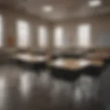 A classroom with empty desks symbolizing barriers to education