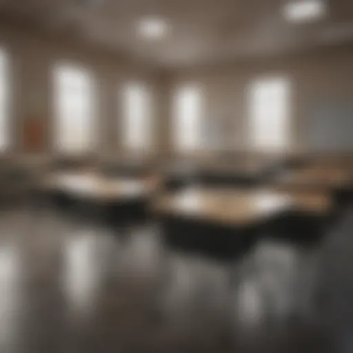 A classroom with empty desks symbolizing barriers to education