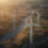 Aerial view of a wind farm with turbines generating energy.