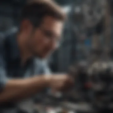 Researcher Engaged in Mechanical Analysis An academic researcher analyzing mechanical components.