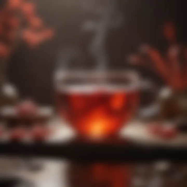 A serene setting featuring red ginseng tea with steam rising