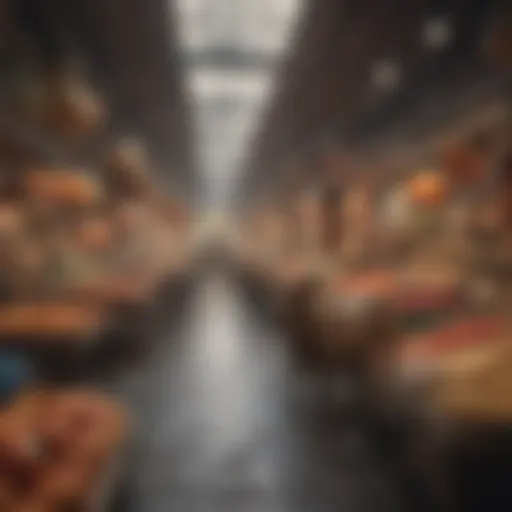 A vibrant market scene showcasing an array of animal products