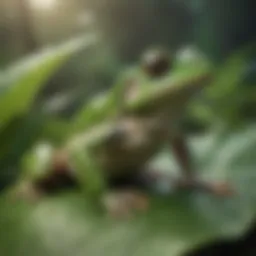 A vibrant green frog perched on a leaf, showcasing its natural habitat.