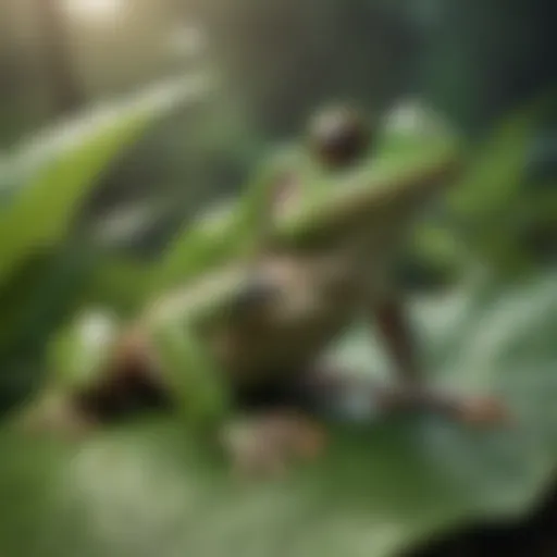 A vibrant green frog perched on a leaf, showcasing its natural habitat.