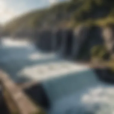 A hydroelectric dam with water flowing through turbines.