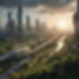 Futuristic cityscape with green spaces and renewable energy sources
