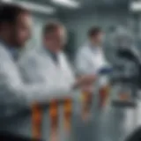 A close-up of a laboratory setting with researchers analyzing samples for hepatitis B.