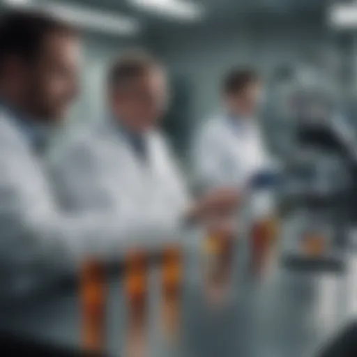 A close-up of a laboratory setting with researchers analyzing samples for hepatitis B.