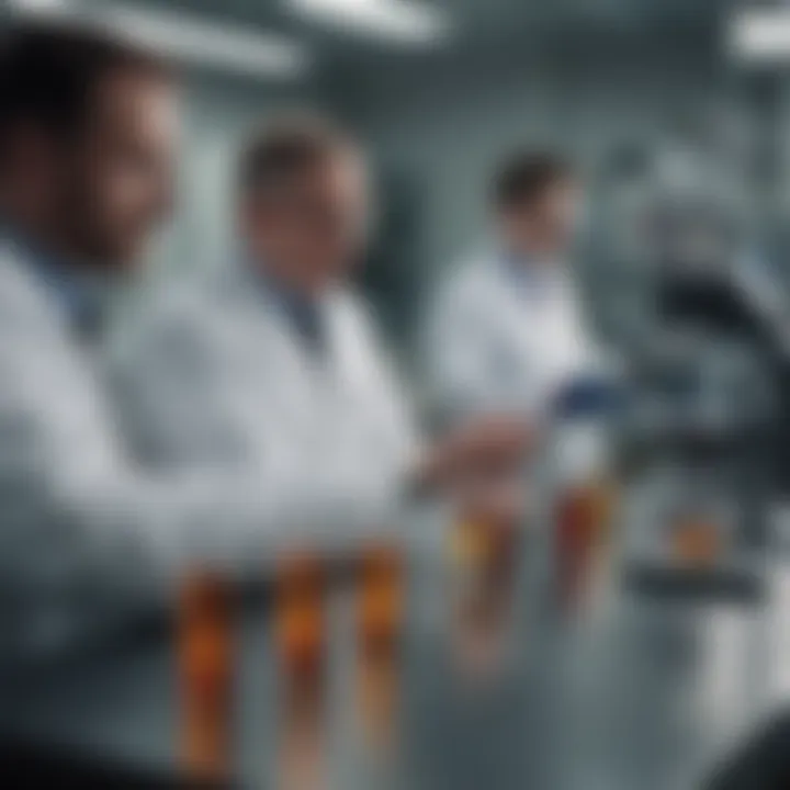 A close-up of a laboratory setting with researchers analyzing samples for hepatitis B.