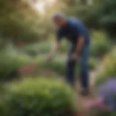 A gardener tending to ornamental perennials in a sustainable garden