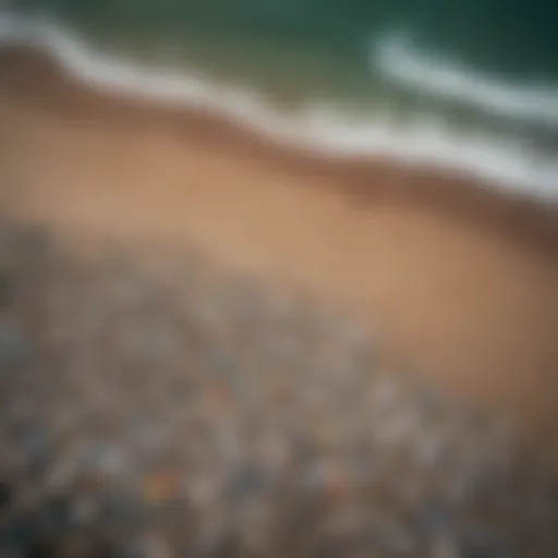 An aerial view of a beach littered with plastic debris