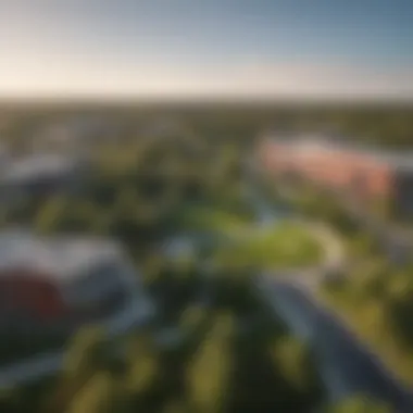 A panoramic view of Stony Brook University campus showcasing its modern architecture and green spaces