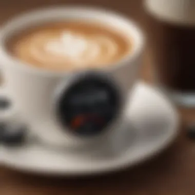 A close-up of a coffee cup with a glucose meter in the background, symbolizing the relationship between coffee and diabetes management.