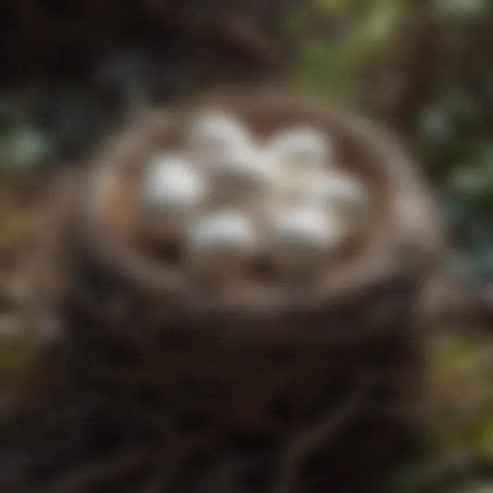 A delicate nest filled with eggs, representing the breeding habits of birds