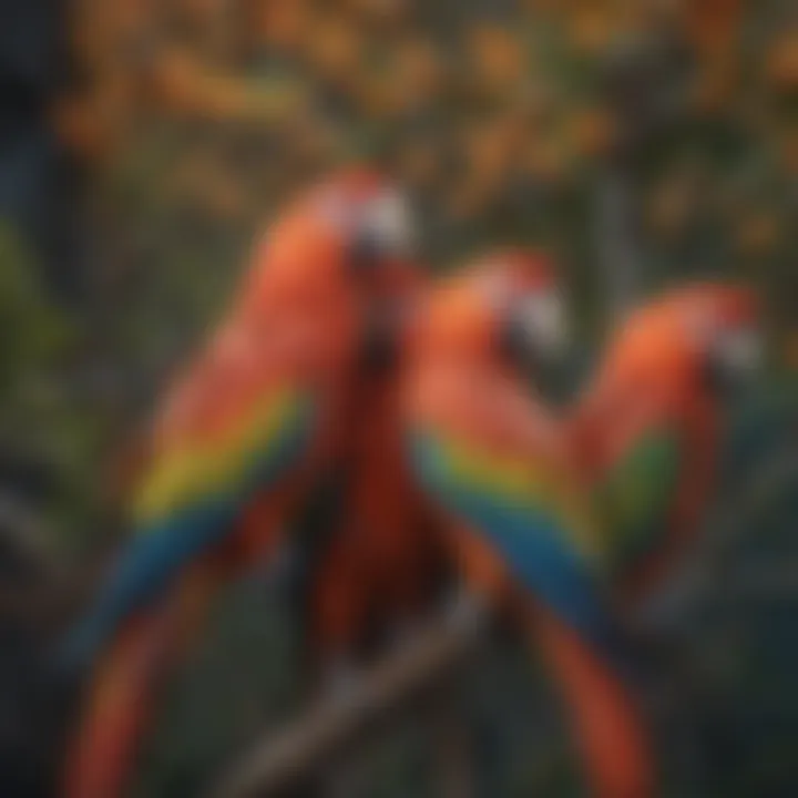 A colorful flock of parrots perched on branches, displaying social behavior