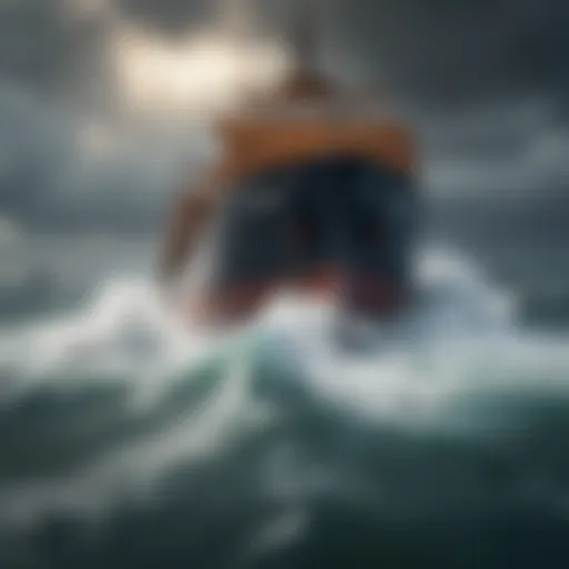 A cargo ship navigating through rough seas.