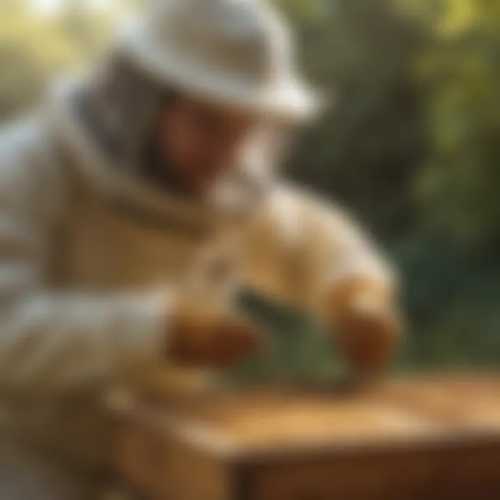 A beekeeper applying vitamin supplementation in a hive, showcasing modern agricultural practices for bee health.