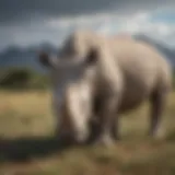 A solitary northern white rhino grazing in its natural habitat.
