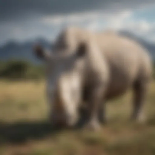 A solitary northern white rhino grazing in its natural habitat.