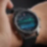 Close-up of a heart rate monitor watch displaying vital statistics