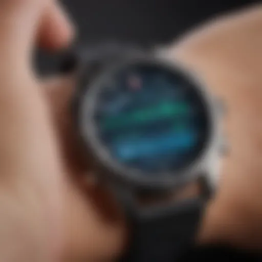 Close-up of a heart rate monitor watch displaying vital statistics
